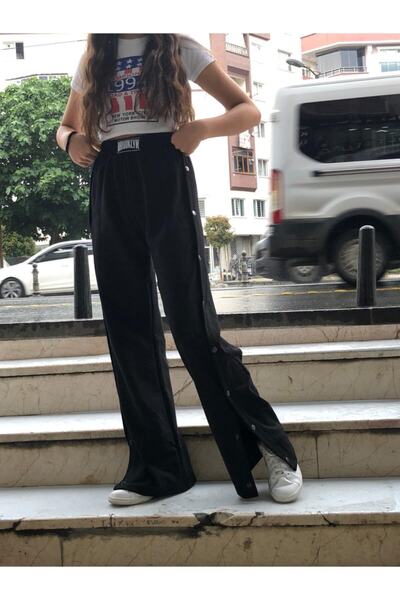 CNG MODA Pantaloni de trening negri cu snap lateral pentru femei