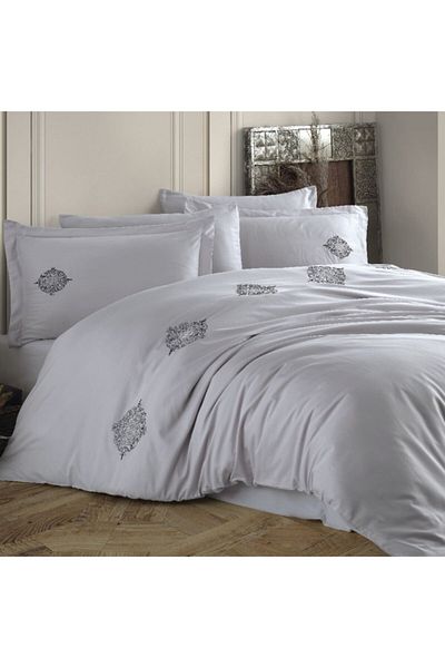 Hobby Premium Azra Grey - Set de lenjerie de pat dublu brodat din poplin
