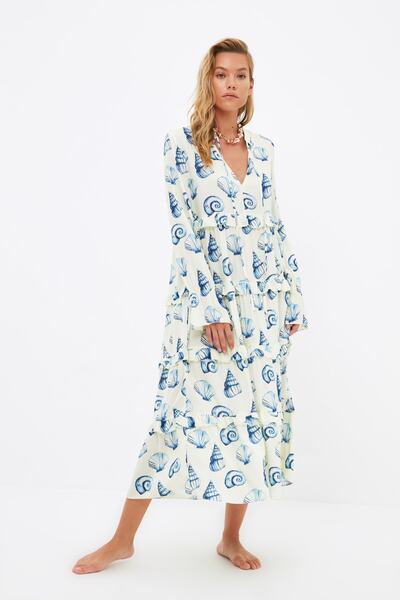 Trendyol Collection Rochie de plajă cu volane țesute maxi, albastră, TBESS19WR0068