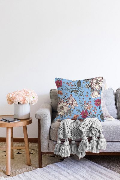 Realhomes Fundal albastru Daisy & Rose Design Digital Printed Modern Raschel Tricotat Husa de perna
