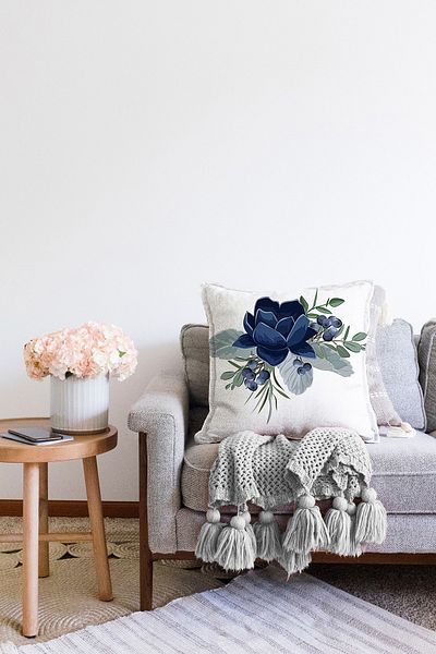 Realhomes Față de pernă tricotată Raschel decorativă cu model de trandafir albastru pastel cu imprimare digitală