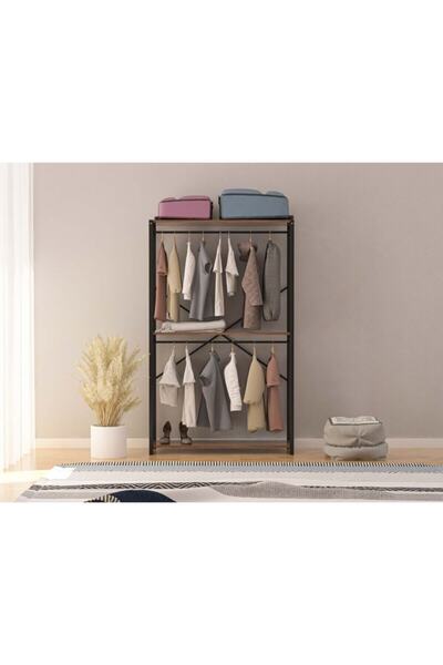 Brady Mobilya Alkor Metal Masif Ahşap Desenli Yonga Levha Açık Giyinme Dolap Portmanto Askılık