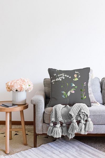 Realhomes Pernă decorativă tricotată Raschel, imprimată digitală, cu fundal gri și design cu flori
