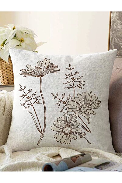 Realhomes Karakalem Çiçek Desenli Dijital Baskılı Dekoratif Raşel Örme Yastık...