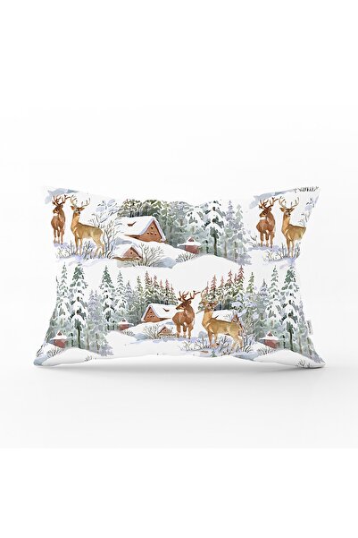 Realhomes Kış Temalı Bağ Evi & Geyik Tasarımlı Dijital Baskılı Modern Dikdört...