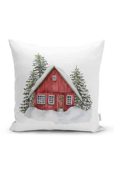 Realhomes Digital Printed Modern Pillow Cushion Cover with Snowy House & Pine Tree Design
