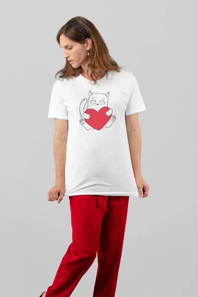 ErTaPassage Alb pisică și Inima cu imprimeu Femei tricou - T7329887