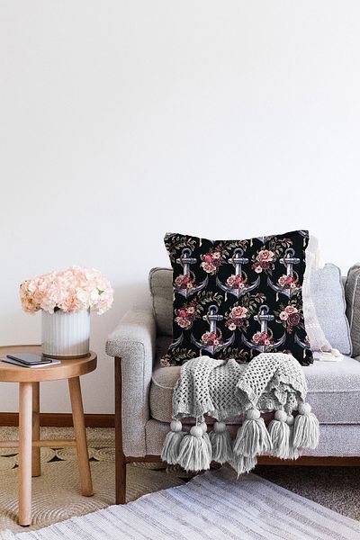 Realhomes Husă de pernă cu imprimare digitală, modernă, tricotată Raschel, cu motiv negru de ancoră de podea