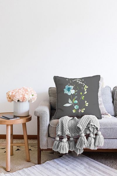 Realhomes Pernă decorativă tricotată Raschel, imprimată digitală, cu fundal gri și design cu flori