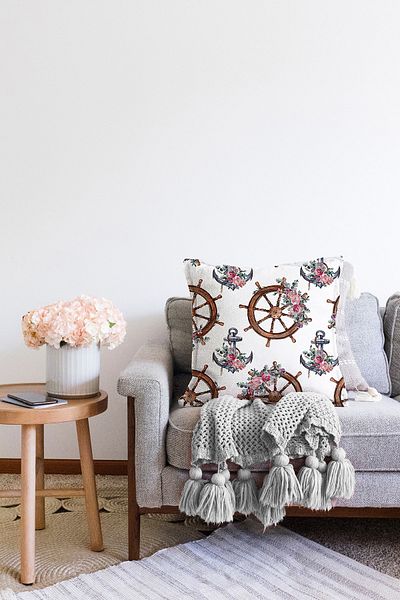 Realhomes Husă de pernă decorativă tricotată Raschel, imprimată digitală, cu fundal alb, design de ancorare și cârmă