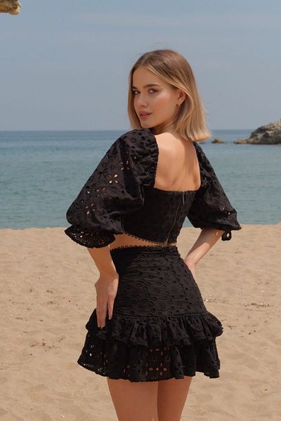 Roselenda Women's Black Embroidery Bustier Skirt Top and Bottom Set