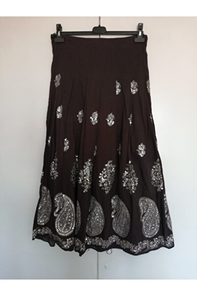 Butik Tülin Otantik Pamuk Koyu Vizon Baskı Desenli Gümüş Pul Nakışlı Plili Etek