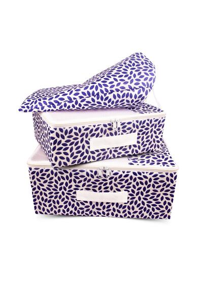 REKHOME 3-Piece Navy Blue Leaf Patterned Suitcase Organizer Suitcase Organizer Set