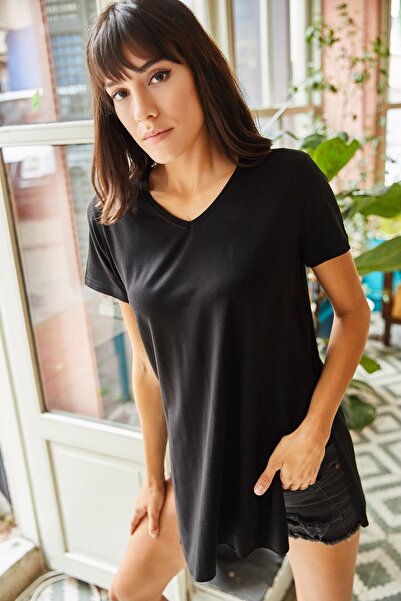 Olalook Γυναικείο μαύρο μπλουζάκι με λαιμόκοψη V-λαιμόκοψη φαρδύ μπλουζάκι με σκισίματα στο πλάι TSH-19000582