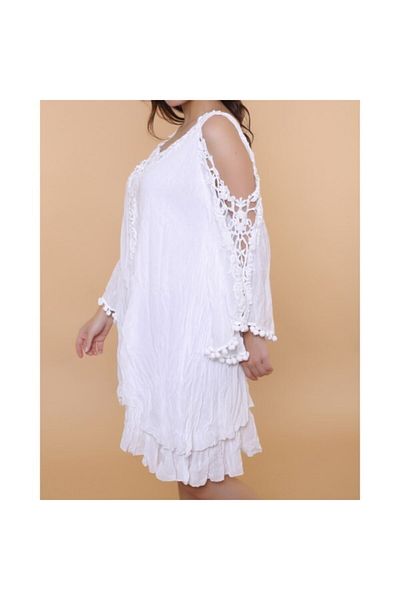 Sosyete Kaplumbağa Authentic Voile Cotton Guipure Strap White Mini Dress with Opening Sleeves