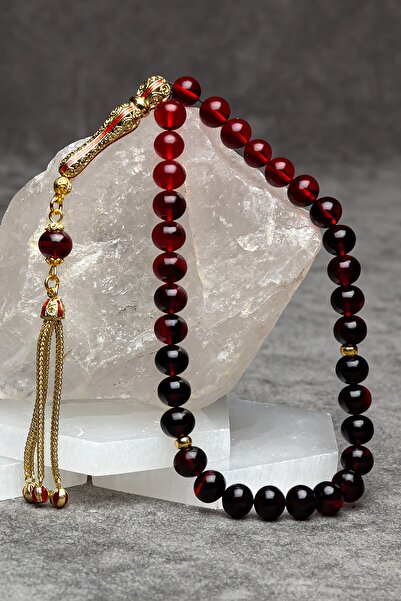 OTTOTESBİH Red Black Fire Amber Rosary with Gold Plated Filigree Imame Tassel...