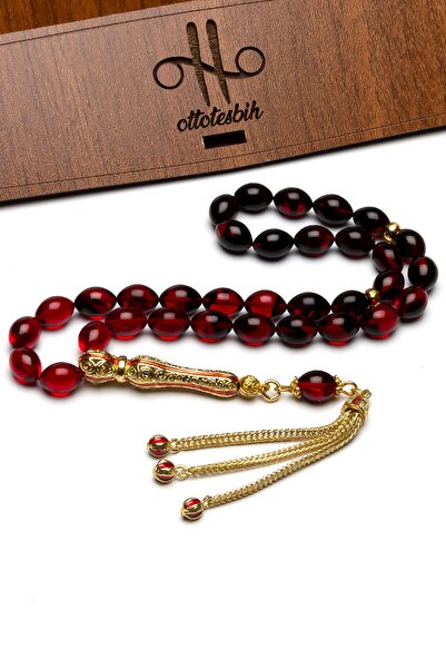 OTTOTESBİH Black Red Fire Amber Rosary with Gold Plated Filigree Imame Tassel...