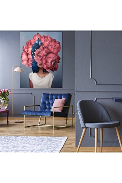 TabloLife Tablolife Pembe Çiçekler, Mavi Kuş, Esmer Kadın - Yağlı Boya Tablo ...