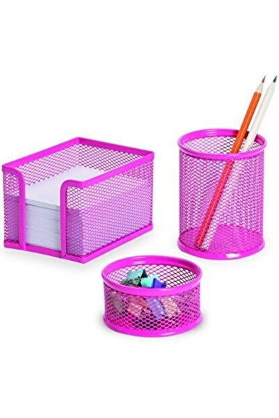 Gıpta Masa Seti Ataşlık-kağıtlık-kalemlik 3 Lü Metal Perforeli Pembe F0033