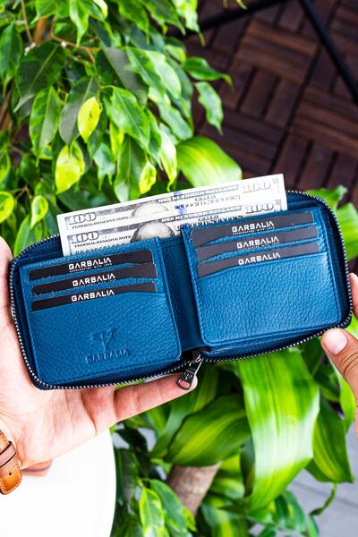 Garbalia Carole Hakiki Deri Fermuar Kilitli Petrol Mavisi Unisex Cüzdan