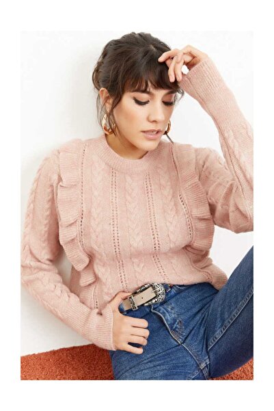 Bianco Lucci Pudra Ajurlu Fırfırlı Yumuşacık Kadın Kazak