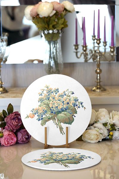 Realhomes 2-Piece White Floor Flower Motif Digital Printed Modern Round Plate & Placemat