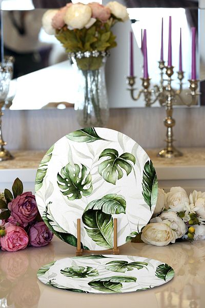 Realhomes 2-Piece Green Tropical Leaves Designed Digital Printed Modern Round Charger & Placemat