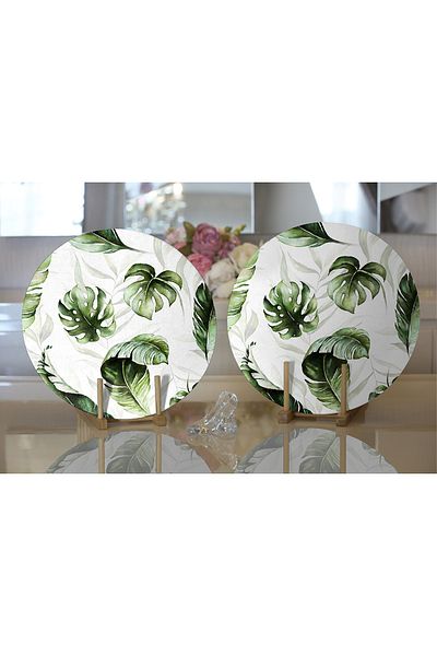 Realhomes 2-Piece Green Tropical Leaves Designed Digital Printed Modern Round Charger & Placemat