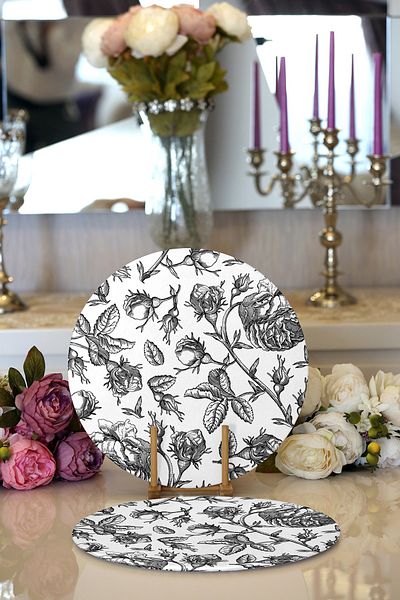 Realhomes 2-Piece Charcoal Flower Patterned Digital Printed Modern Round Charcoal & Placemat