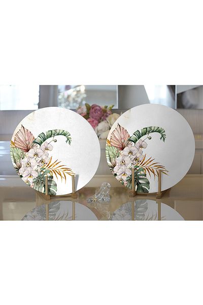 Realhomes 2-Piece Tropical Leaf Motif Digital Printed Decorative Round Plate & Placemat