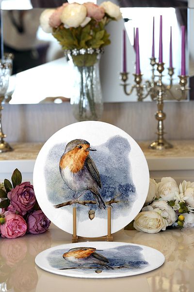 Realhomes 2-Piece Watercolor Drawing Bird Design Digital Printed Decorative Round Plate & Placemat