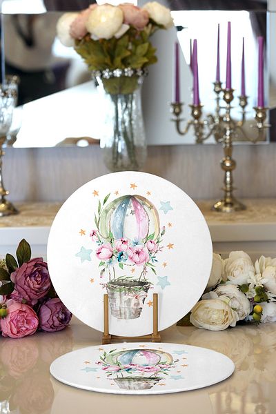 Realhomes 2-Piece Floral Balloon Special Design Digital Printed Modern Round Plate & Placemat