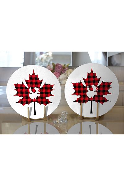 Realhomes 2-Piece Plaid Leaf Design Digital Printed Decorative Round Plate & Placemat