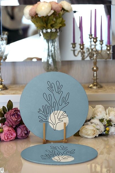 Realhomes 2-Piece Abstract Drawing Floral Design Digital Printed Decorative Round Plate & Placemat