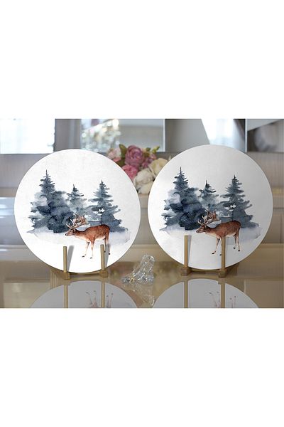 Realhomes 2-Piece Watercolor Drawing Deer Design Digital Printed Modern Round Plate & Placemat