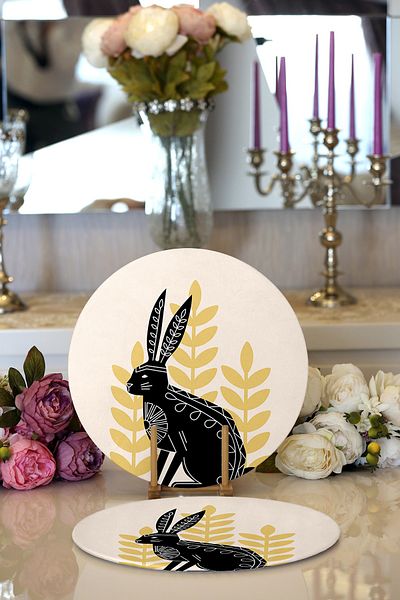 Realhomes 2-Piece Rabbit Silhouette Special Design Digital Printed Modern Round Plate & Placemat