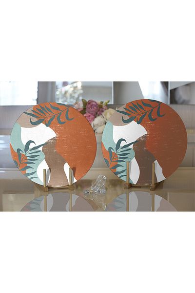 Realhomes 2-Piece Colorful Floor Leaf Motif Digital Printed Modern Round Plate & Placemat
