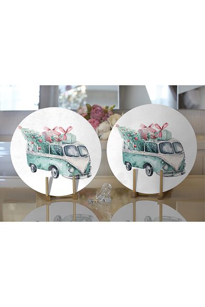 Realhomes 2-Piece Christmas Themed Car Design Digital Printed Decorative Round Charger & Placemat