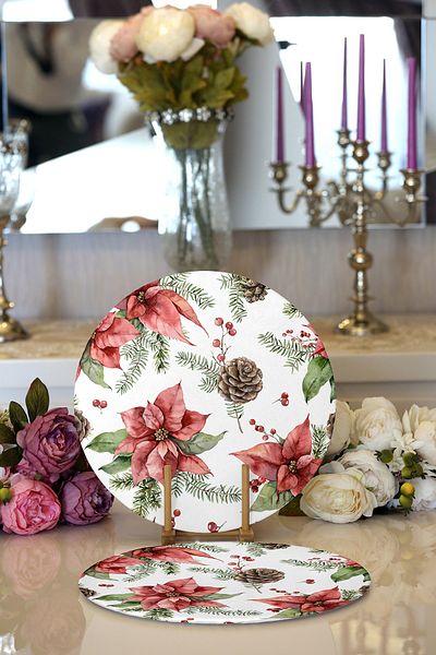 Realhomes 2-Piece Red Rose & Cone Design Digital Printed Modern Round Charger & Placemat