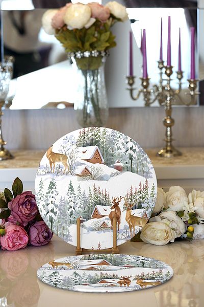 Realhomes 2-Piece Winter Themed Vineyard House & Deer Design Digital Printed Modern Round Plate & Placemat