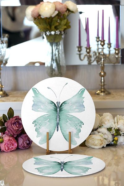 Realhomes 2-Piece White Floor Blue Butterfly Motif Digital Printed Decorative Round Plate & Placemat