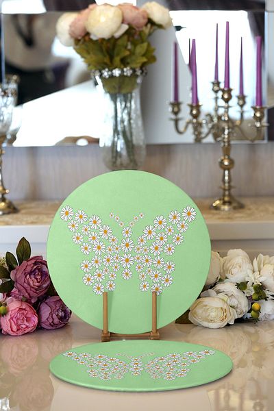 Realhomes 2-Piece Green Floor Daisy Butterfly Design Digital Printed Modern Round Plate & Placemat