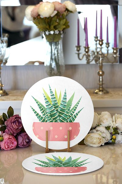 Realhomes 2-Piece Cactus Special Designed Digital Printed Decorative Round Plate & Placemat