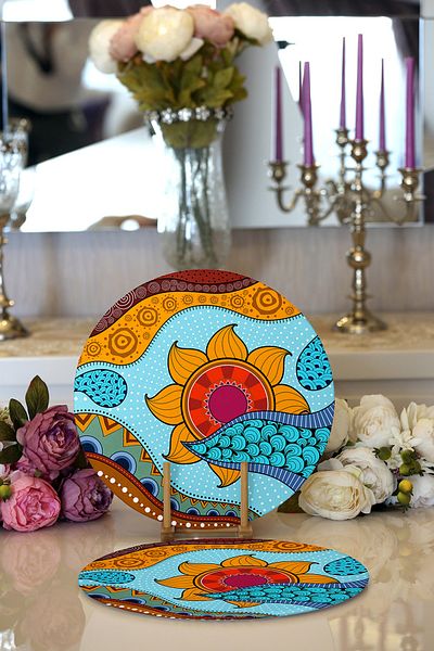 Realhomes 2-Piece Ethnic Pattern Designed Digital Printed Modern Round Plate & Placemat
