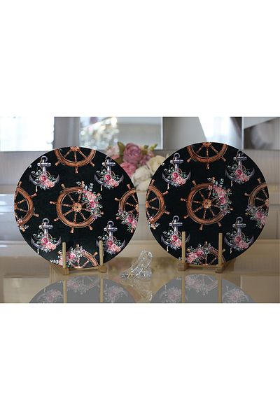 Realhomes 2-Piece Black Floor Anchor & Rudder Designed Digital Printed Modern Round Plate & Placemat