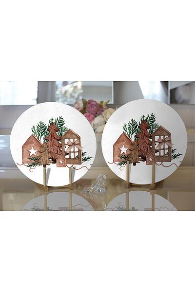 Realhomes 2-Piece Wooden Pine Tree Patterned Digital Printed Modern Round Plate & Placemat