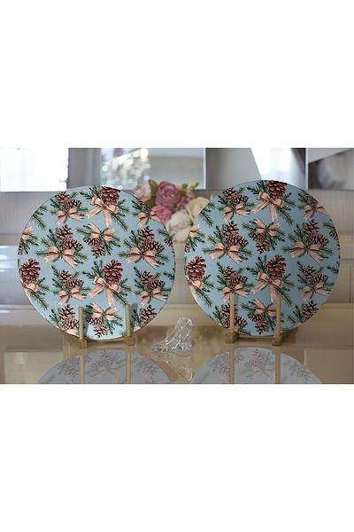 Realhomes 2-Piece Blue Floor Pinecone Design Digital Printed Modern Round Plate & Placemat