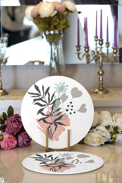 Realhomes 2-Piece Natural Floral Design Digital Printed Modern Round Plate & Placemat