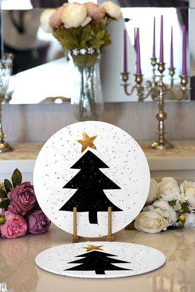 Realhomes 2-Piece White Floor Black Pine Tree Drawing Digital Printed Decorative Round Plate & Placemat