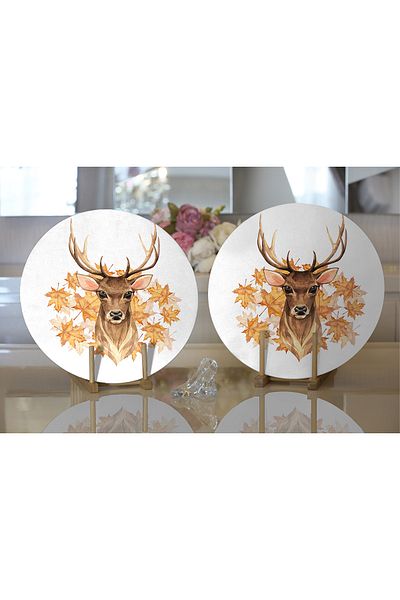 Realhomes 2-Piece Gold Leaf Detailed Deer Design Digital Printed Decorative Round Charger & Placemat